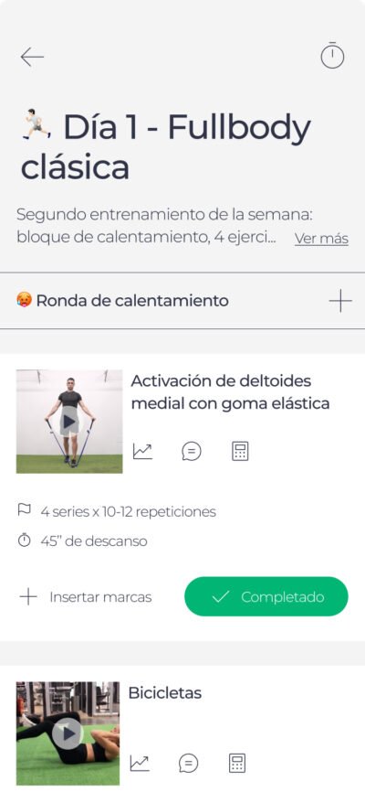 Pantalla lista de entrenamientos en la app