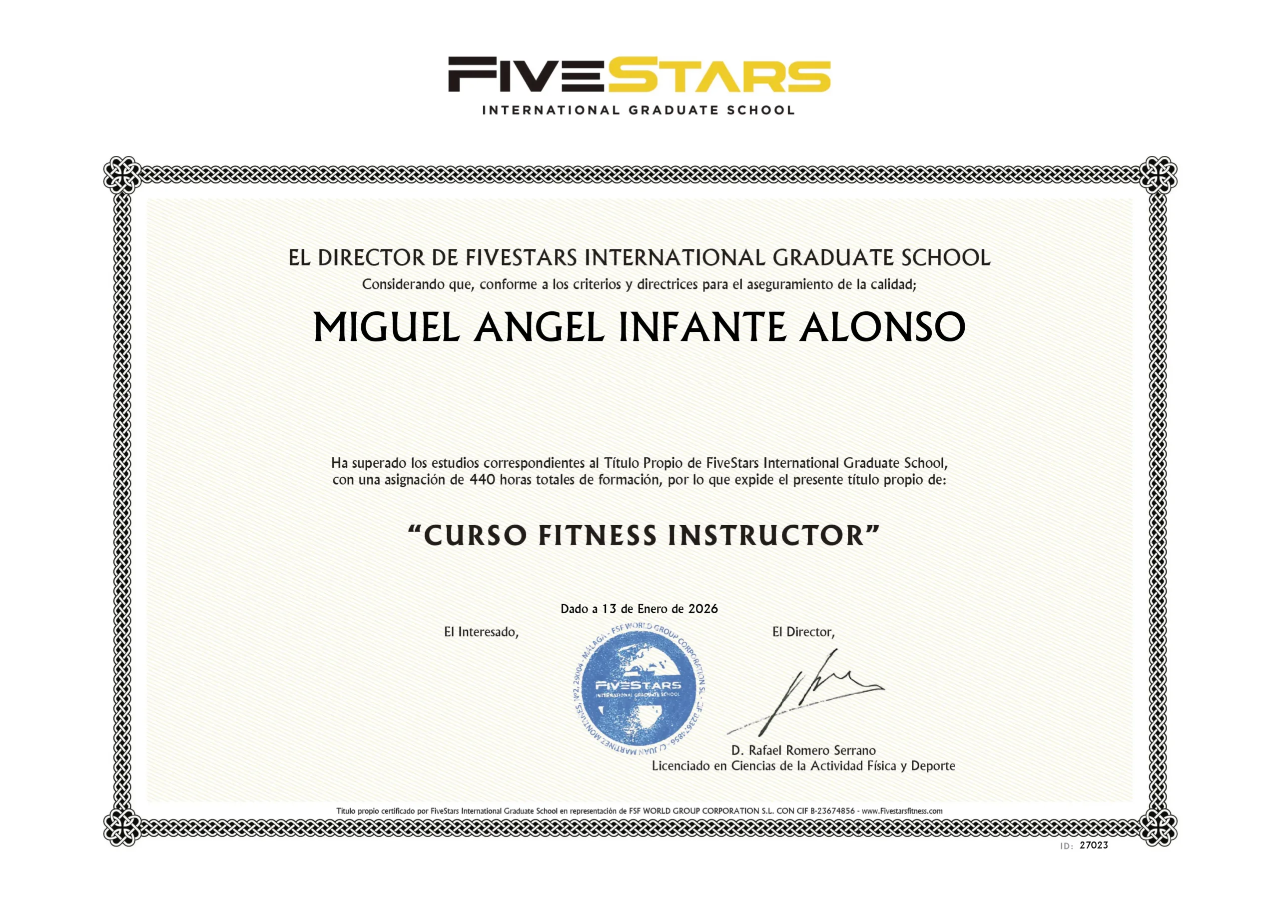 Certificado Fitness Instructor de Miguel Alonso