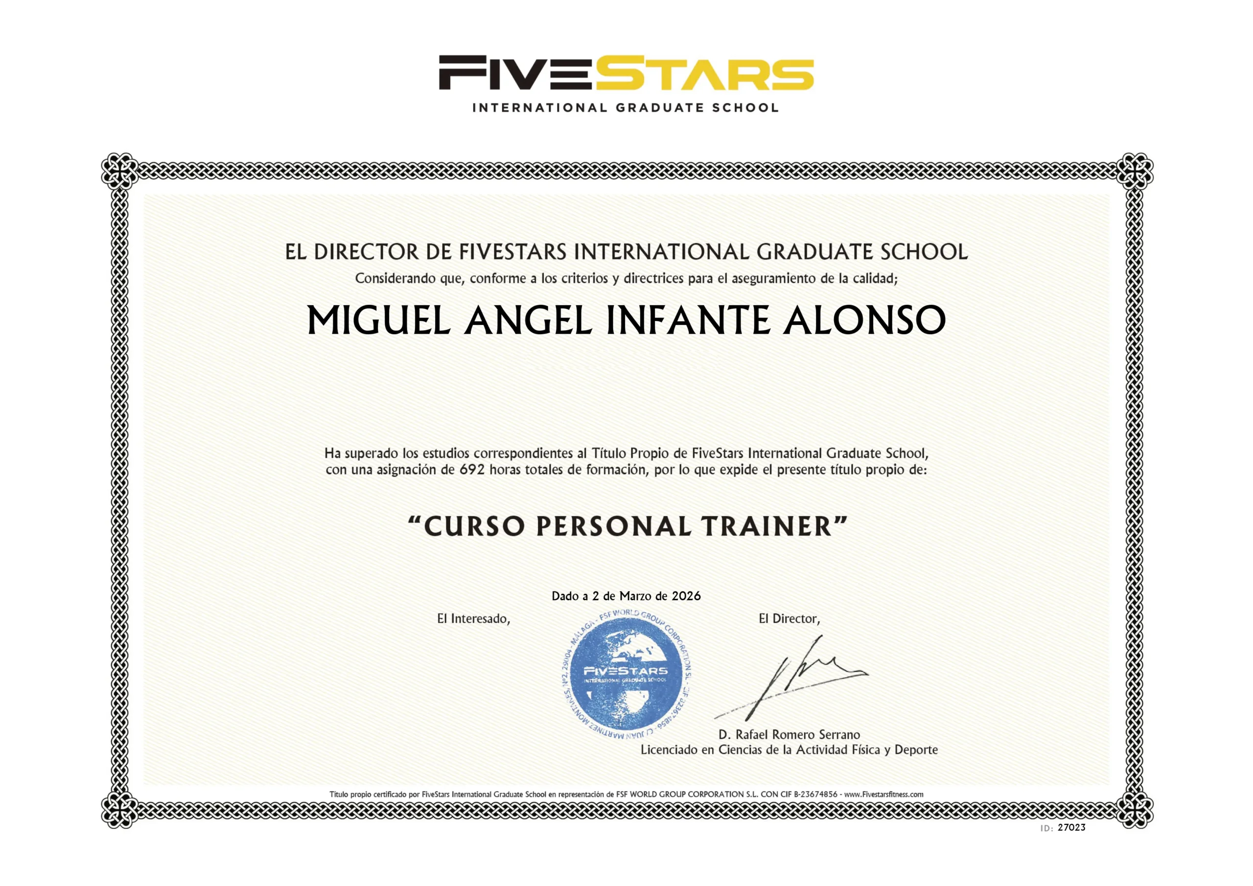 Certificado Personal Trainer de Miguel Alonso