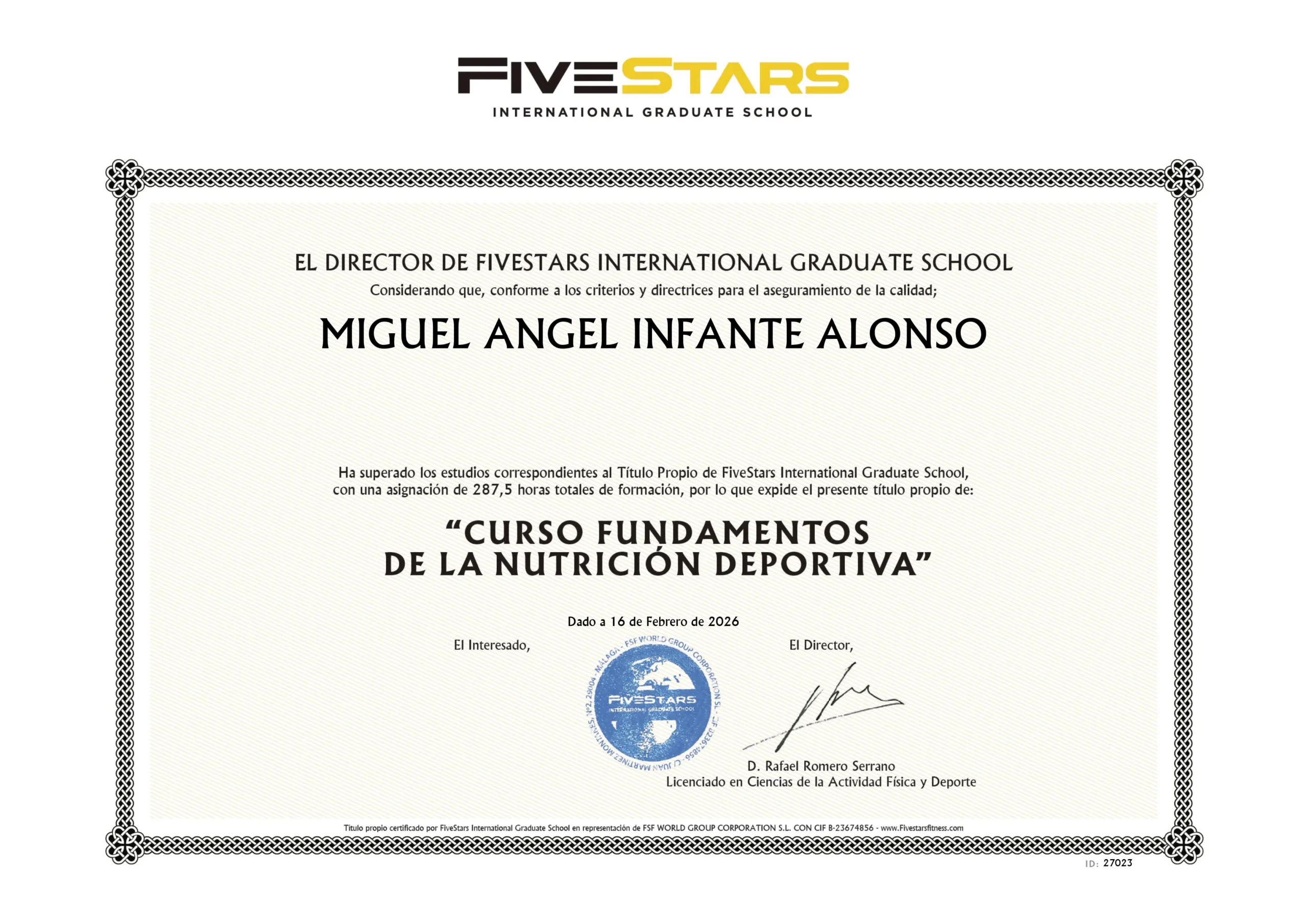 Certificado Sports Nutrition de Miguel Alonso
