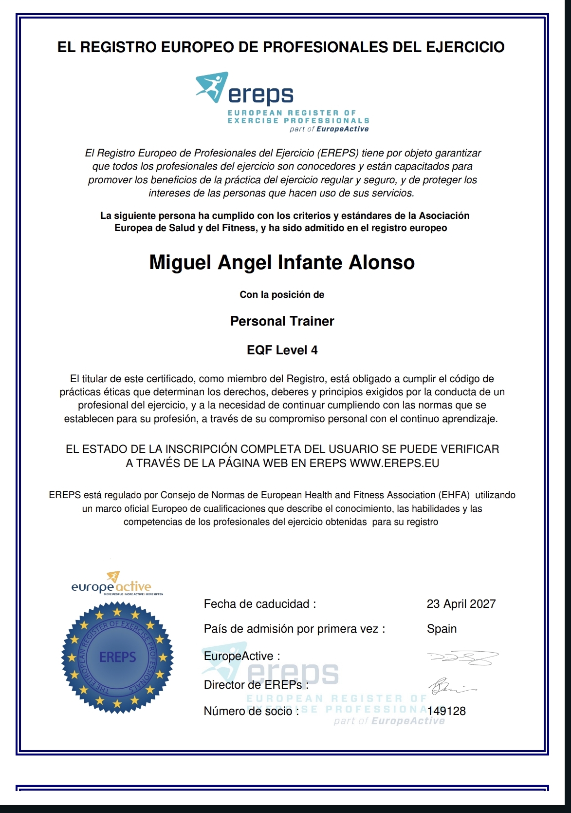 Certificado EREPS EQF Level 4 de Miguel Alonso